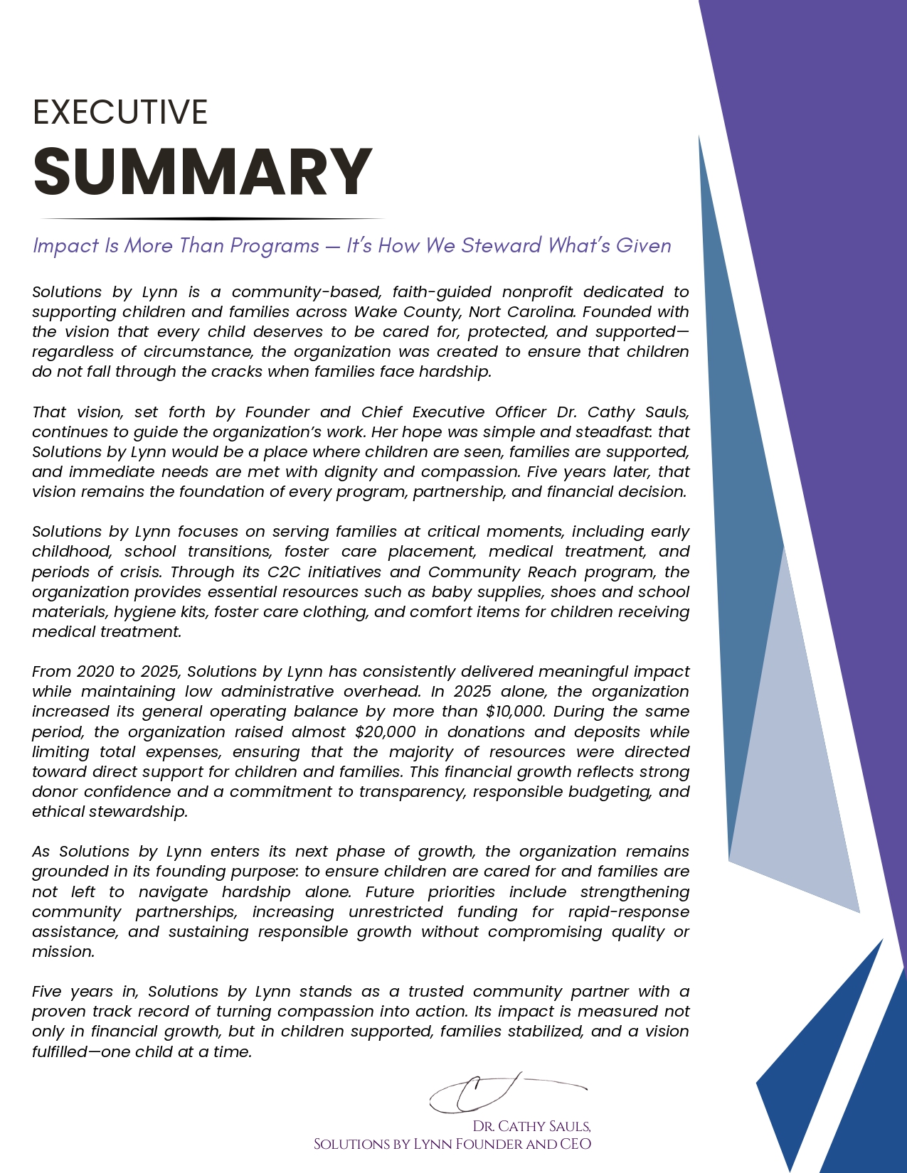 Solutions by lynn Raleigh children non-profit executive summary